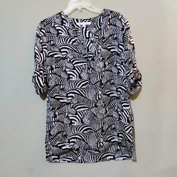 Trina Turk Black White Zebra Sheer Silk 3/4 Sleeve Tunic Top Size Small - Picture 1 of 6